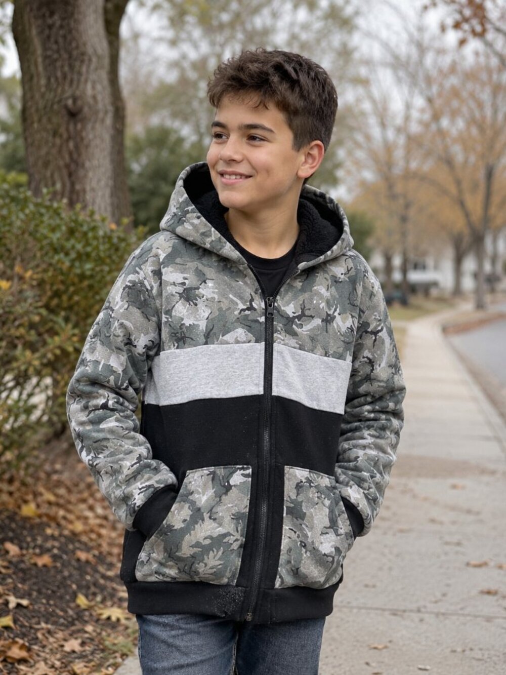 Street Rules Boys 14/16 Camo Sherpa Lined Zip Hoodie Jacket Gray Black